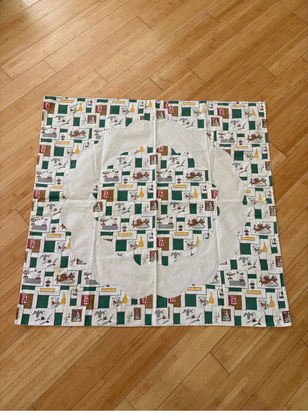 Vintage Tablecloth Green, White & Brown